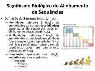 Significado Biológico do Alinhamento
de Sequências
• Definição de 3 termos importantes:
– identidade: refere-se à fração de
aminoácidos ou nucleotídeos idênticos
entre pares de sequências após um
alinhamento dessas sequências;
– similaridade: refere-se à fração de
aminoácidos ou nucleotídeos similares
(por exemplo, com propriedades físico-
químicas semelhantes) entre pares de
sequências após um alinhamento
dessas sequências;
– homologia: representa uma relação
evolutiva entre as sequências;
• Homólogos
– Parálogos;
– Ortólogos;
 