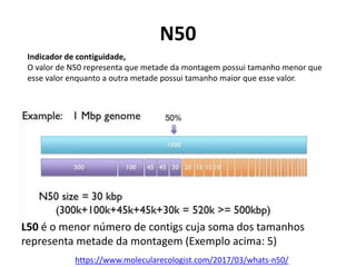 N50
Indicador de contiguidade,
O valor de N50 representa que metade da montagem possui tamanho menor que
esse valor enquanto a outra metade possui tamanho maior que esse valor.
L50 é o menor número de contigs cuja soma dos tamanhos
representa metade da montagem (Exemplo acima: 5)
https://www.molecularecologist.com/2017/03/whats-n50/
 