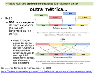 outra métrica…
• NA50
– N50 para o conjunto
de blocos alinhados
(ao invés do
conjunto inicial de
contigs)
• Dessa forma, se
alguns dos contigs
falham em alinhar,a
métrica NA50 ainda
é computada com
respeito aos 50% da
montage total
(incluindo os contigs
que alinharam e
não alinharam)
Necessita haver uma sequência referência onde os blocos podem alinhar
https://www.molecularecologist.com/2017/04/a-solution-to-the-n50-misassembly-problem/
[Considera o tamanho da montagem para os 50%]
 