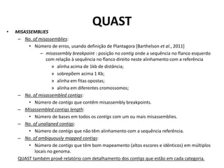 QUAST
• MISASSEMBLIES
– No. of misassemblies:
• Número de erros, usando definição de Plantagora [Barthelson et al., 2011]
– misassembly breakpoint : posição no contig onde a sequência no flanco esquerdo
com relação à sequência no flanco direito neste alinhamento com a referência
» alinha acima de 1kb de distância;
» sobrepõem acima 1 Kb;
» alinha em fitas opostas;
» alinha em diferentes cromossomos;
– No. of misassembled contigs:
• Número de contigs que contêm misassembly breakpoints.
– Misassembled contigs length:
• Número de bases em todos os contigs com um ou mais misassemblies.
– No. of unaligned contigs:
• Número de contigs que não têm alinhamento com a sequência referência.
– No. of ambiguously mapped contigs:
• Número de contigs que têm bom mapeamento (altos escores e idênticos) em múltiplos
locais no genoma.
QUAST também provê relatório com detalhamento dos contigs que estão em cada categoria.
 