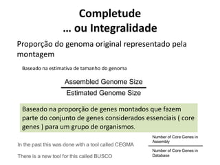 Completude
… ou Integralidade
Proporção do genoma original representado pela
montagem
Baseado na estimativa de tamanho do genoma
Baseado na proporção de genes montados que fazem
parte do conjunto de genes considerados essenciais ( core
genes ) para um grupo de organismos.
 
