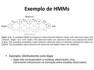 Exemplo de HMMs
• Exemplo: Alinhamento com Gaps
– Gaps não correspondem a resíduos observáveis, mas
claramente influenciam na transição entre estados observáveis.
 