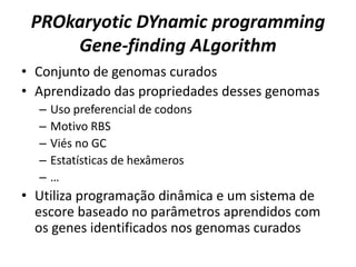PROkaryotic DYnamic programming
Gene-finding ALgorithm
• Conjunto de genomas curados
• Aprendizado das propriedades desses genomas
– Uso preferencial de codons
– Motivo RBS
– Viés no GC
– Estatísticas de hexâmeros
– …
• Utiliza programação dinâmica e um sistema de
escore baseado no parâmetros aprendidos com
os genes identificados nos genomas curados
 