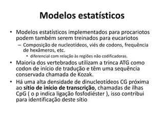 Modelos estatísticos
• Modelos estatísticos implementados para procariotos
podem também serem treinados para eucariotos
– Composição de nucleotídeos, viés de codons, frequência
de hexâmeros, etc.
• diferencial com relação às regiões não codificadoras.
• Maioria dos vertebrados utilizam a trinca ATG como
codon de início de tradução e têm uma sequência
conservada chamada de Kozak.
• Há uma alta densidade de dinucleotídeos CG próxima
ao sítio de início de transcrição, chamadas de ilhas
CpG ( o p indica ligação fosfodiéster ), isso contribui
para identificação deste sítio
 