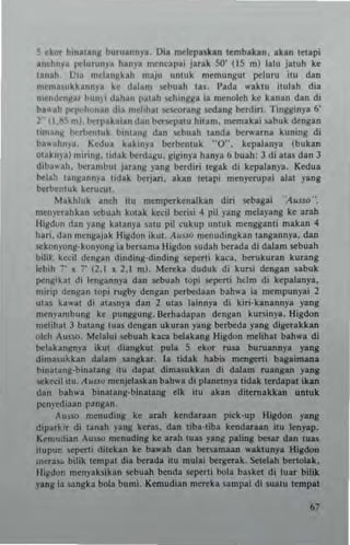 ~ tk"r binatank buruan ny~, Dia mcltpa,kan temb.kln • • kln IcU,pi
.nchnn pelunlll~a hanya mcncap.i jarak SO' (IS ml lalu jalUh b
un.h Dia mdBngkah maju unluk memungul pelUTU ilu dan
nltm••ukkannya kc dalam liCbuah l.s, I'ada waktu itulBh dia
mCml"'I~ar bun), dahan patah ...,hlngg' i. meTlOlch ke k.nan dan di
bl'uh pel",h(,nan d,. mdihat scseorang ~ang btrdifl, 1 Ingginy. 6'
2" ll,~~ ml, btrpaka,an dan berscpatu h,lam. m(mahi ~buk dengan
lman~ btrbenluk blntang dan scbuah landa ber...arn. kuning di
ba"~h"la, Kedua kakinp btrbtmuk "0", kepalBnya (bukan
olaknya) miring, lidak berdagu, giginya hanya 6 buah: J di .tn dan J
d,b'''ah. b<:rambul jarang yang berdiri Icgak di kepalanya, Kedua
btl.~ tangannya tidak herjari, .kan tetapi men~rupai alat yang
berbtntuk keturut,
Makhluk anch ilU memperkcnalkan diri scbag.i ':A."1I0 ",
mcn)'crahkan scbuah kOiak keciJ heri~i " pil yang mclayang ke arah
Higdun dan yang katany~ sam pil cukup untuk mengganl' makan 4
hari, dan mengajak Higdoll ikuI, AU,'(1 menudingkan langanllya, dan
sekonyong·l<Ollyong i. bcr""ma Higdon sudah berada di dalam sebuah
bilif-_ keeil dengan dmd'ng·dinding ..,perti kaea, betukur.n kurang
!cbih ~, s 7' (2. 1 s 2,] mJ, Mercka duduk di kun; dengan sabuk
pengikal di ]engannya dan schuah lopi ""peni hdm d, kepalanya,
nn"p dengan lOP' rusby densan perbcdaan bah"-~ ia ~mpunyai 2
ulas ka"'al di al~.nya dan 2 Ulas lainnya di kiri·kanannya yans
menyambung ke punggUllg, Ikrhadapan dengan kursinya, Higdon
melihal 3 batang lua~ dengan ukuran yang hcrbeda yang digerakkan
olch Au5'<o, Melalui sebuah kaea belakang Higdon mehhat bah"'a di
belakan)!ny. ikut diangkUI pula S (kor rosa butulnnya yang
dimasukkan da]am sangkar, I. lidak habis men~ni bag.iman.
blllalang·binatang Itu dapal dimasukk.n d, <Lalam ru.ngan yang
Kkeeil im, A"1I1> menjelaskan bah" a d; plano1nya lidak te,dapat ,kan
dan bah... bi,lalang·binatang elk itu akan ditemakkan unluk
pcn!'cdiaan pangan,
Au.so menud"'8 kc arah kcndaraan pick·up Higdon yang
ciparkir di tanah yang keras. dn tib.-tiba kendarun ilu lenyap,
K(mudian Ausso mcnuding ke a...h luas )'.ng p.ling 'oesat dan lu.&s
ilUpu~ ""peni dilekan ke ba..,.h d.n bersamun ....klunYI Hi&ooll
"'era,~ bilik tempat dia bcrada illl milIa; berguak, ~elah ~olak,
HIgdon menyaksikan Kbuah benda sepe.ti bola basket di luar bilik
yang ia ""ngka bola bumi. Kemudian mcrtka sampai di ~ualU tempat
 