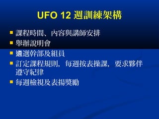 UFO 12 週訓練架構
 課程時間、內容與講師安排
 舉辦說明會
 選幹部及組員遴
 訂定課程規則，每週按表操課，要求夥伴
遵守紀律
 每週檢視及表揚獎勵
 
