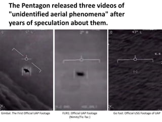 The Pentagon released three videos of
"unidentified aerial phenomena" after
years of speculation about them.
Gimbal: The First Official UAP Footage Go Fast: Official USG Footage of UAPFLIR1: Official UAP Footage
(Nimitz/Tic-Tac )
 