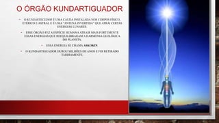 O ÓRGÃO KUNDARTIGUADOR
- O KUNDARTECEDOR É UMA CAUDA INSTALADA NOS CORPOS FÍSICO,
ETÉRICO E ASTRAL E É UMA “ANTENA INVERTIDA” QUE ATRAI CERTAS
ENERGIAS LUNARES.
- ESSE ÓRGÃO FEZ A ESPÉCIE HUMANAATRAIR MAIS FORTEMENTE
ESSAS ENERGIAS QUE REEQUILIBRARAM A HARMONIA GEOLÓGICA
DO PLANETA.
- ESSA ENERGIA SE CHAMA ASKOKIN.
- O KUNDARTIGUADOR DUROU MILHÕES DE ANOS E FOI RETIRADO
TARDIAMENTE.
 