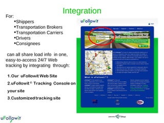 Integration For: Shippers Transportation Brokers Transportation Carriers Drivers Consignees can all share load info  in one, easy-to-access 24/7 Web tracking by integrating  through: 
