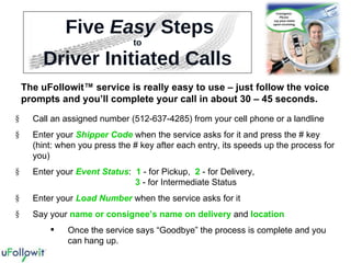 Five  Easy  Steps to Driver Initiated Calls The uFollowit™ service is really easy to use – just follow the voice prompts and you’ll complete your call in about 30 – 45 seconds. Call an assigned number (512-637-4285) from your cell phone or a landline Enter your  Shipper Code  when the service asks for it and press the # key (hint: when you press the # key after each entry, its speeds up the process for you) Enter your  Event Status :  1   - for Pickup,  2  - for Delivery,    3  - for Intermediate Status Enter your  Load Number   when the service asks for it Say your  name   or consignee’s name on delivery  and  location Once the service says “Goodbye” the process is complete and you can hang up. 