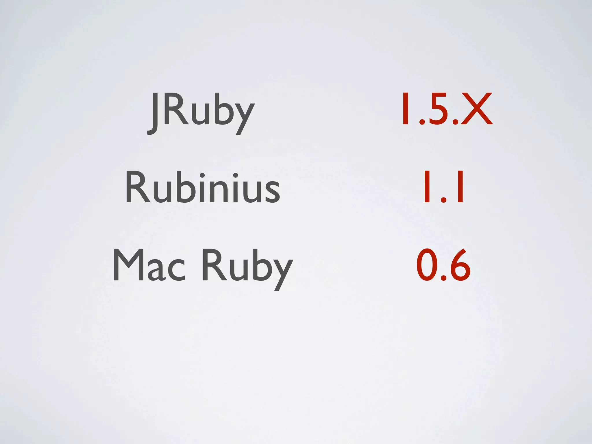 JRuby     1.5.X
Rubinius    1.1
Mac Ruby    0.6
 