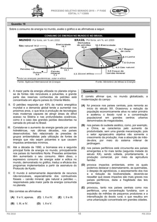 PROCESSO SELETIVO SERIADO 20 – 1ª FASE
                                                                   2010
                                                 EDITAL N.º 1/2009



   Questão 19
  Sobre o consumo de energia no mundo, avalie o gráfico e as afirmativas a seguir
                                     ,                                     seguir.




  I. A maior parte da energia utilizada no planeta origina
                                                   origina-         Questão 20
     se de fontes não renováveis e poluentes, e grande
               es
     parte das reservas conhecidas de petróleo está                É correto afirmar que, no mundo globalizado, a
                                                                                         ,
     concentrada em alguns países do Oriente Médio.                modernização do campo

 II. O petróleo responde por 43% da matriz energética              (A) foi precoce nos países centrais, pois remonta ao
     mundial e a demanda global tende a aumentar nos                   início do século XX. Ocasionou a redução da
                                                                                           .
     próximos anos, o que leva à produção de tecnologias               população economicamente ativa no setor primário
     mais modernas capazes de atingir áreas de difícil                 e acelerou o êxodo rural e a concentração
     acesso na Sibéria e nas profundidades oceânicas,                  populacional em grandes centros urbanos
     como é o caso das grandes jazidas descobertas na                  denominados de megacidades.
     camada do pré-sal no Brasil.
                                                                   (B) nos países do sudeste asiático, como, por exemplo,
                                                                         os
III. Constata-se o aumento da energia gerada por usinas                a China, se caracteriza pelo aumen   aumento da
     hidrelétricas, nas últimas décadas nos países
                                  décadas,                             produtividade, sem uma grande mecanização, pois
     desenvolvidos; fato relacionado às pressões de                    o setor agropecuário objetiva não somente o
     grupos ambientalistas pela utilização de fontes de                crescimento da produção, mas a absorção de mão-
     energia que não sejam poluentes e que causem                      de-obra, por meio do sistema milenar de
                                                                           obra,
     impactos ambientais mínimos.                                      jardinagem.
IV. Até a década de 1990, a biomassa era a segunda                 (C) nos países periféricos está circunscrita aos países
    principal fonte de energia no mundo, principalmente                emergentes e foi mais tardia (segunda metade do
    nos países do hemisfério Norte. Pressões ambientais
                        sfério                                         século XX), sendo voltada, prioritariamente à
                                                                                  ,                    prioritariamente,
    têm aumentado o seu consumo. Além disso, o                         produção comercial, por meio da agricultura
    expressivo consumo de energia solar e eólica no                    familiar.
    mundo, demonstrado no gráfico, traduz a eficácia dos
    programas implementados a partir da assinatura do              (D) provoca impactos ambientais, entre os quais
    Protocolo de Kyoto.                                                podemos destacar o desmatamento, as queimadas,
                                                                       o despejo de agrotóxico o assoreamento dos rios
                                                                                     agrotóxicos,
 V. O mundo é extremamente dependente de recursos                      e a redução da biodiversidade, dev   devendo-se
    não-renováveis, especialmente dos combustíveis
                            lmente                                     ressaltar que esses impactos são mais graves nos
    fósseis – carvão mineral, gás natural e petróleo –,
                          al,                                          países periféricos, dada a fragilidade das leis
    responsáveis pela maior parte da energia consumida                 ambientais.
    no planeta.
                                                                   (E) provocou, tanto nos países centrais como nos
  São corretas as afirmativas                                          periféricos, uma concentração fundiária, com a
                                                                       expulsão de milhões de pequenos produtores e a
   (A) II e V, apenas.   (C) I, II e IV.   (E) I, II e III.            intensificação do êxodo rural, o que resultou em
                                                                       uma urbanização concentrada em grandes cidades.
   (B) I, III, e IV.     (D) I, II e V.


PSS 2010                                                      10                                                     PSS 2010
 