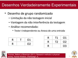 • Desenho de grupo randomizado
– Limitação da não testagem inicial
– Vantagem da não interferência da testagem
– Análise recomendada:
• Teste t independente ou Anova de uma entrada
Desenhos Verdadeiramente Experimentais
15
R T O1
R O2
R T1 O1
R T2 O2
R O3
Thomas, Nelson e Silverman (2011). Research methods in physical
activity. Human Kinetics, Champaign, IL.
 