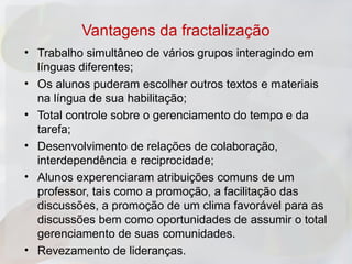 Vantagens da fractalização
• Trabalho simultâneo de vários grupos interagindo em
  línguas diferentes;
• Os alunos puderam escolher outros textos e materiais
  na língua de sua habilitação;
• Total controle sobre o gerenciamento do tempo e da
  tarefa;
• Desenvolvimento de relações de colaboração,
  interdependência e reciprocidade;
• Alunos experenciaram atribuições comuns de um
  professor, tais como a promoção, a facilitação das
  discussões, a promoção de um clima favorável para as
  discussões bem como oportunidades de assumir o total
  gerenciamento de suas comunidades.
• Revezamento de lideranças.
 