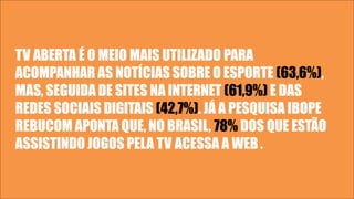TV ABERTA É O MEIO MAIS UTILIZADO PARA
ACOMPANHAR AS NOTÍCIAS SOBRE O ESPORTE (63,6%),
MAS, SEGUIDA DE SITES NA INTERNET (61,9%) E DAS
REDES SOCIAIS DIGITAIS (42,7%). JÁ A PESQUISA IBOPE
REBUCOM APONTA QUE, NO BRASIL, 78% DOS QUE ESTÃO
ASSISTINDO JOGOS PELA TV ACESSA A WEB.
 