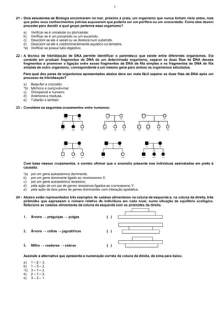7


21 - Dois estudantes de Biologia encontraram no mar, próximo à praia, um organismo que nunca tinham visto antes, mas
     que pelos seus conhecimentos prévios supuseram que poderia ser um porífera ou um urocordado. Como eles devem
     proceder para decidir a qual grupo pertence esse organismo?
    a)    Verificar se é unicelular ou pluricelular.
    b)    Verificar se é um procarioto ou um eucarioto.
    c)    Descobrir se ele é séssil ou se desloca num substrato.
    d)    Descobrir se ele é predominantemente aquático ou terrestre.
    *e)   Verificar se possui tubo digestivo.

22 - A técnica de hibridização de DNA permite identificar o parentesco que existe entre diferentes organismos. Ela
     consiste em produzir fragmentos de DNA de um determinado organismo, separar as duas fitas de DNA desses
     fragmentos e promover a ligação entre esses fragmentos de DNA de fita simples e os fragmentos de DNA de fita
     simples de outro organismo, correspondente a um mesmo gene para ambos os organismos estudados.
    Para qual dos pares de organismos apresentados abaixo deve ser mais fácil separar as duas fitas de DNA após um
    processo de hibridização?
    a)    Beija-flor e crocodilo.
    *b)   Minhoca e ouriço-do-mar.
    c)    Chimpanzé e humano.
    d)    Anêmona e medusa.
    e)    Tubarão e lambari.

23 - Considere os seguintes cruzamentos entre humanos:


                                    I:1          I:2                   I:1            I:2                 I:1                             I:2




                             II:1         II:2         II:3     II:1         II:2           II:3   II:4           II:1          II:2            II:3




                                    I:1          I:2                 I:1            I:2                          I:1              I:2




                             II:1         II:2         II:3   II:1                        II:3            II:1           II:2           II:3


    Com base nesses cruzamentos, é correto afirmar que a anomalia presente nos indivíduos assinalados em preto é
    causada:
    *a)   por um gene autossômico dominante.
    b)    por um gene dominante ligado ao cromossomo X.
    c)    por um gene autossômico recessivo.
    d)    pela ação de um par de genes recessivos ligados ao cromossomo Y.
    e)    pela ação de dois pares de genes dominantes com interação epistática.

24 - Abaixo estão representados três exemplos de cadeias alimentares na coluna da esquerda e, na coluna da direita, três
     pirâmides que expressam o número relativo de indivíduos em cada nível, numa situação de equilíbrio ecológico.
     Relacione as cadeias alimentares da coluna da esquerda com as pirâmides da direita.


    1.    Árvore → preguiças → pulgas                                  ( )



    2.    Árvore → cotias → jaguatiricas                               ( )



    3.    Milho → roedores → cobras                                    ( )


    Assinale a alternativa que apresenta a numeração correta da coluna da direita, de cima para baixo.
    a)    1 – 2 – 3.
    b)    1 – 3 – 2.
    *c)   3 – 1 – 2.
    d)    2 – 1 – 3.
    e)    3 – 2 – 1.
 