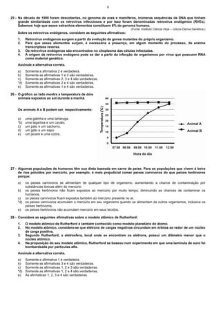 8


25 - Na década de 1990 foram descobertas, no genoma de aves e mamíferos, inúmeras sequências de DNA que tinham
     grande similaridade com os retrovírus infecciosos e por isso foram denominadas retrovírus endógenos (RVEs).
     Sabemos hoje que esses estranhos elementos constituem 8% do genoma humano.
                                                                          (Fonte: Instituto Ciência Hoje – coluna Deriva Genética.)
    Sobre os retrovírus endógenos, considere as seguintes afirmativas:
    1.    Retrovírus endógenos surgem a partir da evolução de genes mutantes do próprio organismo.
    2.    Para que esses elementos surjam, é necessária a presença, em algum momento do processo, da enzima
          transcriptase reversa.
    3.    Os retrovírus endógenos são encontrados no citoplasma das células infectadas.
    4.    A origem de retrovírus endógeno pode se dar a partir da infecção de organismos por vírus que possuem RNA
          como material genético.
    Assinale a alternativa correta.
    a)    Somente a afirmativa 2 é verdadeira.
    b)    Somente as afirmativas 1 e 3 são verdadeiras.
    c)    Somente as afirmativas 2, 3 e 4 são verdadeiras.
    *d)   Somente as afirmativas 2 e 4 são verdadeiras.
    e)    Somente as afirmativas 1 e 4 são verdadeiras.

26 - O gráfico ao lado mostra a temperatura de dois
     animais expostos ao sol durante a manhã.


    Os animais A e B podem ser, respectivamente:

    a)    uma galinha e uma tartaruga.
    *b)   uma lagartixa e um cavalo.
    c)    um pato e um cachorro.
    d)    um gato e um sapo.
    e)    um jacaré e uma cobra.




27 - Algumas populações de humanos têm sua dieta baseada em carne de peixe. Para as populações que vivem à beira
     de rios poluídos por mercúrio, por exemplo, é mais prejudicial comer peixes carnívoros do que peixes herbívoros
     porque:
    a)  os peixes carnívoros se alimentam de qualquer tipo de organismo, aumentando a chance de contaminação por
        substâncias tóxicas além do mercúrio.
    b) os peixes herbívoros não ficam expostos ao mercúrio por muito tempo, diminuindo as chances de contaminar os
        humanos.
    c) os peixes carnívoros ficam expostos também ao mercúrio presente no ar.
    *d) os peixes carnívoros acumulam o mercúrio em seu organismo quando se alimentam de outros organismos, inclusive os
        peixes herbívoros.
    e) os peixes herbívoros não acumulam mercúrio em seus tecidos.

28 - Considere as seguintes afirmativas sobre o modelo atômico de Rutherford:
    1.    O modelo atômico de Rutherford é também conhecido como modelo planetário do átomo.
    2.    No modelo atômico, considera-se que elétrons de cargas negativas circundam em órbitas ao redor de um núcleo
          de carga positiva.
    3.    Segundo Rutherford, a eletrosfera, local onde se encontram os elétrons, possui um diâmetro menor que o
          núcleo atômico.
    4.    Na proposição do seu modelo atômico, Rutherford se baseou num experimento em que uma lamínula de ouro foi
          bombardeada por partículas alfa.
    Assinale a alternativa correta.
    a)    Somente a afirmativa 1 é verdadeira.
    b)    Somente as afirmativas 3 e 4 são verdadeiras.
    c)    Somente as afirmativas 1, 2 e 3 são verdadeiras.
    *d)   Somente as afirmativas 1, 2 e 4 são verdadeiras.
    e)    As afirmativas 1, 2, 3 e 4 são verdadeiras.
 