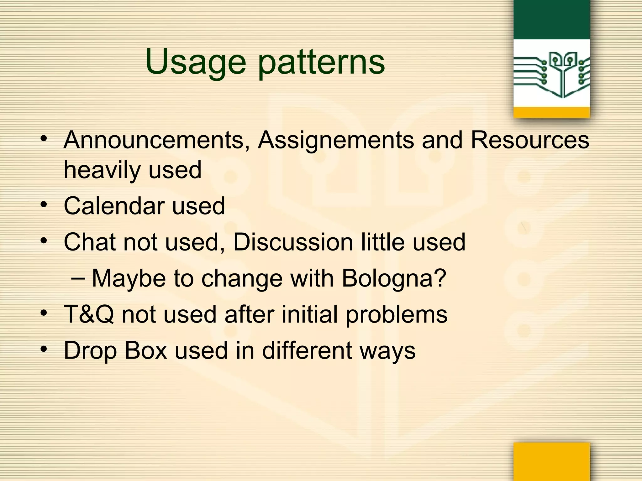 Usage patterns Announcements, Assignements and Resources heavily used Calendar used Chat not used, Discussion little used Maybe to change with Bologna? T&Q not used after initial problems Drop Box used in different ways 