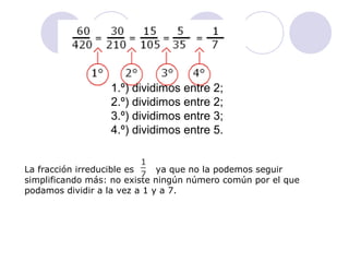 1.º) dividimos entre 2;
2.º) dividimos entre 2;
3.º) dividimos entre 3;
4.º) dividimos entre 5.
La fracción irreducible es       ya que no la podemos seguir 
simplificando más: no existe ningún número común por el que 
podamos dividir a la vez a 1 y a 7.
 