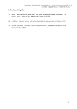 Universidade Federal Rural da Amazônia, UFRA • TÉCNICAS EM PROGRAMAÇÃO
PARTE I. ALGORITMOS E FLUXOGRAMAS
22
22
10. Referências Bibliográficas
[1] Márcio V. Soares, Marcelo M. Gomes, Marco A. F. Souza, “Algoritmos e Lógica de Programação”, 2º ed,
Editora: Cengage Learning, 234 pgs, ISBN: 9788522111299, Brasil, 2011
[2] Prof. Eder A. B. Castro, “Notas de Aula em Introdução a Ciência da Computação”, UEMS, Brasil, 2003.
[3] Silvio do Lago Pereira, “Algoritmos e Lógica de Programação em C – Uma Abordagem Didática”, 1º ed.,
Editora: Érica, Brasil, 2010.
 