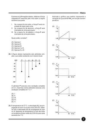 FÍSICA
7
Examine as afirmações abaixo, relativas à força
magnética F exercida pelo ímã sobre a espira
durante sua queda.
I. Se a espira for de cobre, a força F será ori-
entada de baixo para cima.
II. Se a espira for de alumínio, a força F será
orientada de cima para baixo.
III. Se a espira for de plástico, a força F será
orientada de cima para baixo.
Quais estão corretas?
(A) Apenas I.
(B) Apenas II.
(C) Apenas III.
(D) Apenas I e III.
(E) Apenas II e III.
22. A figura abaixo representa seis pêndulos sim-
ples, que estão oscilando num mesmo local.
O pêndulo P executa uma oscilação completa
em 2 s. Qual dos outros pêndulos executa uma
oscilação completa em 1 s ?
(A) I.
(B) lI.
(C) III.
(D) IV.
(E) V.
23. À temperatura de O °C, a velocidade (Vo
) de pro-
pagação do som no ar seco é de 330 m/s. Sabe-
se que a velocidade (V) de propagação do som
no ar depende da temperatura e que ela sofre
um acréscimo linear médio de 0,59 m/s para cada
aumento de 1°C.
Assinale o gráfico que melhor representa a
variação do quociente V/Vo
em função da tem-
peratura.
(A)
(B)
(C)
(D)
(E)
 