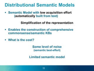 Distributional Semantic Models
 Semantic Model with low acquisition effort
(automatically built from text)
Simplification of the representation
 Enables the construction of comprehensive
commonsense/semantic KBs
 What is the cost?
Some level of noise
(semantic best-effort)
Limited semantic model
11
 