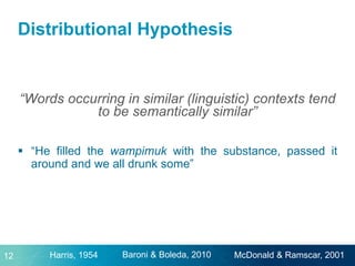 Distributional Hypothesis
“Words occurring in similar (linguistic) contexts tend
to be semantically similar”
 “He filled the wampimuk with the substance, passed it
around and we all drunk some”
12 McDonald & Ramscar, 2001Baroni & Boleda, 2010Harris, 1954
 