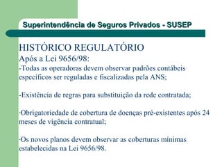 Superintendência de Seguros Privados - SUSEPSuperintendência de Seguros Privados - SUSEP
HISTÓRICO REGULATÓRIO
Após a Lei 9656/98:
-Todas as operadoras devem observar padrões contábeis
específicos ser reguladas e fiscalizadas pela ANS;
-Existência de regras para substituição da rede contratada;
-Obrigatoriedade de cobertura de doenças pré-existentes após 24
meses de vigência contratual;
-Os novos planos devem observar as coberturas mínimas
estabelecidas na Lei 9656/98.
 