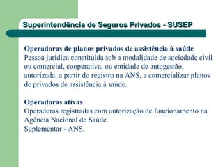 Superintendência de Seguros Privados - SUSEPSuperintendência de Seguros Privados - SUSEP
Operadoras de planos privados de assistência à saúde
Pessoa jurídica constituída sob a modalidade de sociedade civil
ou comercial, cooperativa, ou entidade de autogestão,
autorizada, a partir do registro na ANS, a comercializar planos
de privados de assistência à saúde.
Operadoras ativas
Operadoras registradas com autorização de funcionamento na
Agência Nacional de Saúde
Suplementar - ANS.
 
