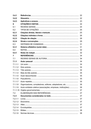 5.4.1       Referências................................................................................................. 22
5.4.2       Glossário..................................................................................................... 22
5.4.3       Apêndices e anexos.................................................................................. 23
6           CITAÇÕES E NOTAS.................................................................................. 24
6.1         REGRAS GERAIS........................................................................................ 24
6.2         TIPOS DE CITAÇÕES …............................................................................. 25
6.2.1       Citações diretas, literais e textuais........................................................                    25
6.2.2       Citações indiretas e livres........................................................................ 26
6.2.3       Citação de citação..................................................................................... 28
6.2.4       Sinais e convenções................................................................................. 29
6.3         SISTEMAS DE CHAMADAS........................................................................ 31
6.3.1       Sistema alfabético (autor-data)................................................................ 31
6.4         NOTAS......................................................................................................... 32
6.4.1       Notas de rodapé........................................................................................ 32
7           REFERÊNCIAS............................................................................................ 34
7.1         REGRAS GERAIS DE AUTORIA................................................................. 34
7.1.1       Autor pessoal …......................................................................................... 34
7.1.1.1     Um autor...................................................................................................... 34
7.1.1.2     Dois autores................................................................................................. 34
7.1.1.3     Três autores................................................................................................. 34
7.1.1.4     Mais de três autores...................................................................................          35
7.1.1.5     Autor desconhecido …................................................................................ 35
7.1.1.6     Pseudônimo................................................................................................. 35
7.1.1.7     Autor repetido.............................................................................................      35
7.1.1.8     Organizadores, compiladores, editores, adaptadores, etc.........................                                 36
7.1.1.9     Autor entidade coletiva (associações, empresas, instituições)..................                                  36
7.1.1.10 Orgãos governamentais.............................................................................. 37
7.2         ELABORAÇÃO DAS REFERÊNCIAS.......................................................... 37
7.2.1       Documentos considerados no todo.......................................................                           37
7.2.1.1     Livros............................................................................................................ 37
7.2.1.2     Dicionários.................................................................................................... 37
7.2.1.3     Atlas............................................................................................................. 37
7.2.1.4     Enciclopédias............................................................................................... 37
7.2.1.5     Bíblias........................................................................................................... 38
7.2.1.6     Normas técnicas.........................................................................................         38
 