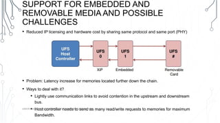 SUPPORT FOR EMBEDDED AND
REMOVABLE MEDIA AND POSSIBLE
CHALLENGES
• Reduced IP licensing and hardware cost by sharing same protocol and same port (PHY)
• Problem: Latency increase for memories located further down the chain.
• Ways to deal with it?
• Lightly use communication links to avoid contention in the upstream and downstream
bus.
• Host controller needs to send as many read/write requests to memories for maximum
Bandwidth.
UNIVERSAL FLASH STORAGE - ECEN5613 - BHAUMIK BHATT
 
