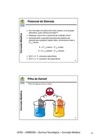 18
UFSC – EMB5006 – Química Tecnológica – Corrosão Metálica
Corrosão
Metálica
 Se é formada uma pilha entre dois metais e uma solução
eletrolítica, quem sofrerá corrosão??
 Resposta: quem tiver o potencial de oxidação maior!!
 Generalizando a equação de potenciais-padrões de
redução para qualquer reação redox, tomando por base o
E°red, temos:
E = E°red (reduz) - E°red (oxida)
E = E°red (cátodo) - E°red (ânodo)
 Se E > 0  processo espontâneo.
 Se E < 0  processo não espontâneo.
35
Potencial de Eletrodo
Corrosão
Metálica
36
Pilha de Daniell
Pilha formada por Zinco e Cobre
 