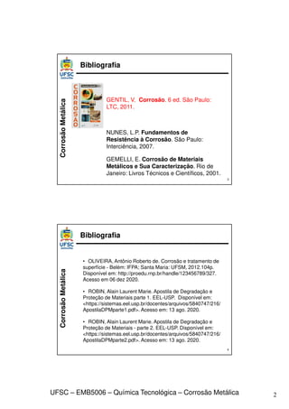 2
UFSC – EMB5006 – Química Tecnológica – Corrosão Metálica
Corrosão
Metálica
GENTIL, V. Corrosão. 6 ed. São Paulo:
LTC, 2011.
NUNES, L.P. Fundamentos de
Resistência à Corrosão. São Paulo:
Interciência, 2007.
GEMELLI, E. Corrosão de Materiais
Metálicos e Sua Caracterização. Rio de
Janeiro: Livros Técnicos e Científicos, 2001.
3
Bibliografia
Corrosão
Metálica
• OLIVEIRA, Antônio Roberto de. Corrosão e tratamento de
superfície - Belém: IFPA; Santa Maria: UFSM, 2012.104p.
Disponível em: http://proedu.rnp.br/handle/123456789/327.
Acesso em 06 dez 2020.
• ROBIN, Alain Laurent Marie. Apostila de Degradação e
Proteção de Materiais parte 1. EEL-USP. Disponível em:
<https://sistemas.eel.usp.br/docentes/arquivos/5840747/216/
ApostilaDPMparte1.pdf>. Acesso em: 13 ago. 2020.
• ROBIN, Alain Laurent Marie. Apostila de Degradação e
Proteção de Materiais - parte 2. EEL-USP. Disponível em:
<https://sistemas.eel.usp.br/docentes/arquivos/5840747/216/
ApostilaDPMparte2.pdf>. Acesso em: 13 ago. 2020.
4
Bibliografia
 