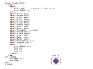 typedef struct RVALUE {
union {
struct {
VALUE flags; /* always 0 for freed obj */
struct RVALUE *next;
} free;
struct RBasic basic;
struct RObject object;
struct RClass klass;
struct RFloat flonum;
struct RString string;
struct RArray array;
struct RRegexp regexp;
struct RHash hash;
struct RData data;
struct RTypedData typeddata;
struct RStruct rstruct;
struct RBignum bignum;
struct RFile file;
struct RNode node;
struct RMatch match;
struct RRational rational;
struct RComplex complex;
struct {
struct RBasic basic;
VALUE v1;
VALUE v2;
VALUE v3;
} values;
} as;
#if GC_DEBUG
const char *file;
VALUE line;
#endif
} RVALUE;
RVALUE
 