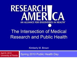 The Intersection of Medical
           Research and Public Health

                              Kimberly M. Brown

April 9, 2010
University of Florida
                        Spring 2010 Public Health Day
 