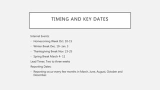 TIMING AND KEY DATES
Internal Events:
• Homecoming Week Oct. 10-15
• Winter Break Dec. 19- Jan. 3
• Thanksgiving Break Nov. 23-25
• Spring Break March 4- 11
Lead Times: Two to three weeks
Reporting Dates:
• Reporting occur every few months in March, June, August, October and
December.
 