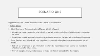 SCENARIO ONE
Supposed shooter comes on campus and causes possible threat.
• Action Steps:
1. Alert Director of Communications Margot Winick of event.
• Winick is the contact person for other UF offices and will be informed of the official information regarding
the event.
• She will then provide accurate information regarding the event and the team will move forward from there.
2. Todd Sanders and Winick will plan together a communication plan for the website and social
media.
• Both will use UF contacts to get information on where the incident occurred, if anyone was injured and
what this means for future notice.
• They will also plan for any media releases or media kits that will be needed for the incident.
 