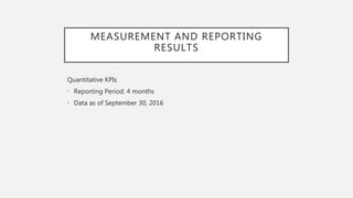 MEASUREMENT AND REPORTING
RESULTS
Quantitative KPIs
• Reporting Period: 4 months
• Data as of September 30, 2016
 