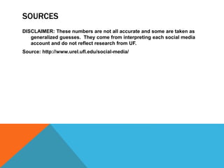 SOURCES
DISCLAIMER: These numbers are not all accurate and some are taken as
generalized guesses. They come from interpreting each social media
account and do not reflect research from UF.
Source: http://www.urel.ufl.edu/social-media/
 