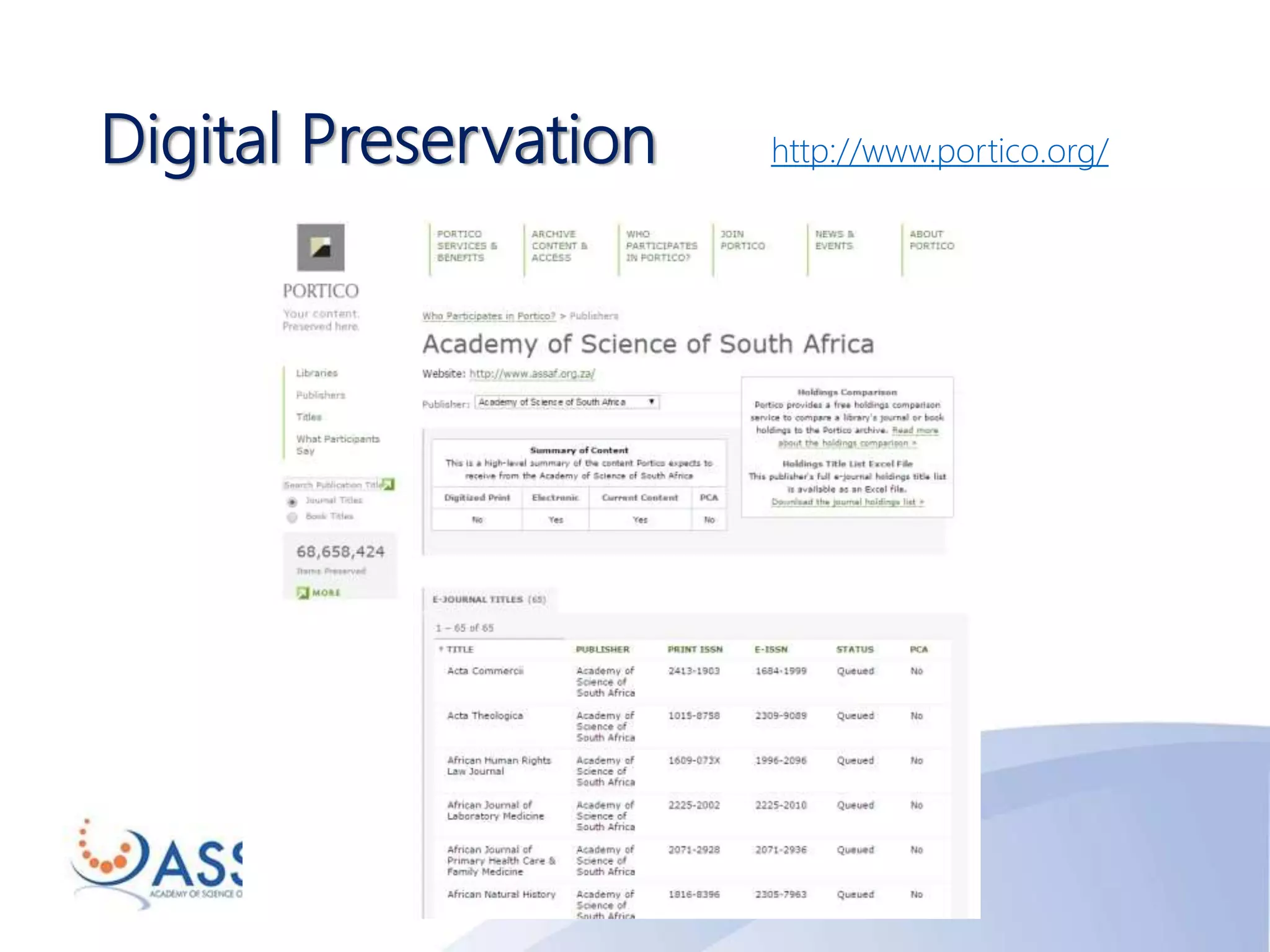 Digital Preservation http://www.portico.org/
 