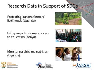 Protecting banana farmers’
livelihoods (Uganda)
Using maps to increase access
to education (Kenya)
Monitoring child malnutrition
(Uganda)
Research Data in Support of SDGs
 