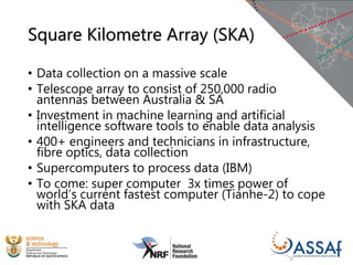 Square Kilometre Array (SKA)
• Data collection on a massive scale
• Telescope array to consist of 250,000 radio
antennas between Australia & SA
• Investment in machine learning and artificial
intelligence software tools to enable data analysis
• 400+ engineers and technicians in infrastructure,
fibre optics, data collection
• Supercomputers to process data (IBM)
• To come: super computer 3x times power of
world’s current fastest computer (Tianhe-2) to cope
with SKA data
 