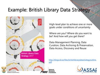http://blogs.bl.uk/files/britishlibrarydatastrategyoutline.
pdf
Example: British Library Data Strategy
High-level plan to achieve one or more
goals under conditions of uncertainty
Where are you? Where do you want to
be? And how will you get there?
Data Management Planning, Data
Curation, Data Archiving & Preservation,
Data Access, Discovery and Reuse
 