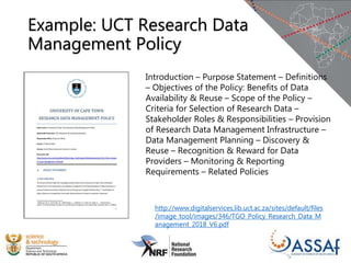 Example: UCT Research Data
Management Policy
http://www.digitalservices.lib.uct.ac.za/sites/default/files
/image_tool/images/346/TGO_Policy_Research_Data_M
anagement_2018_V6.pdf
Introduction – Purpose Statement – Definitions
– Objectives of the Policy: Benefits of Data
Availability & Reuse – Scope of the Policy –
Criteria for Selection of Research Data –
Stakeholder Roles & Responsibilities – Provision
of Research Data Management Infrastructure –
Data Management Planning – Discovery &
Reuse – Recognition & Reward for Data
Providers – Monitoring & Reporting
Requirements – Related Policies
 