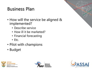 Business Plan
• How will the service be aligned &
implemented?
• Describe service
• How ill it be marketed?
• Financial forecasting
• Etc.
• Pilot with champions
• Budget
 