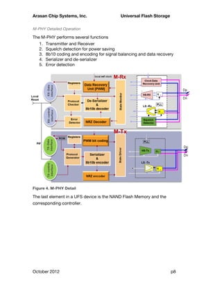 Arasan Chip Systems, Inc. Universal Flash Storage
October 2012 p8
M-PHY Detailed Operation
The M-PHY performs several functions
1. Transmitter and Receiver
2. Squelch detection for power saving
3. 8b10 coding and encoding for signal balancing and data recovery
4. Serializer and de-serializer
5. Error detection
Figure 4. M-PHY Detail
The last element in a UFS device is the NAND Flash Memory and the
corresponding controller.
 