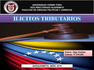 UNIVERSIDAD FERMIN TORO
VICE-RRECTORADO ACADEMICO
FACULTAD DE CIENCIAS POLITICAS Y JURIDICAS
Autora: Olga Guédez.
Cedula: 17.378.293
BARQUISIMETO, ABRIL 2016
 