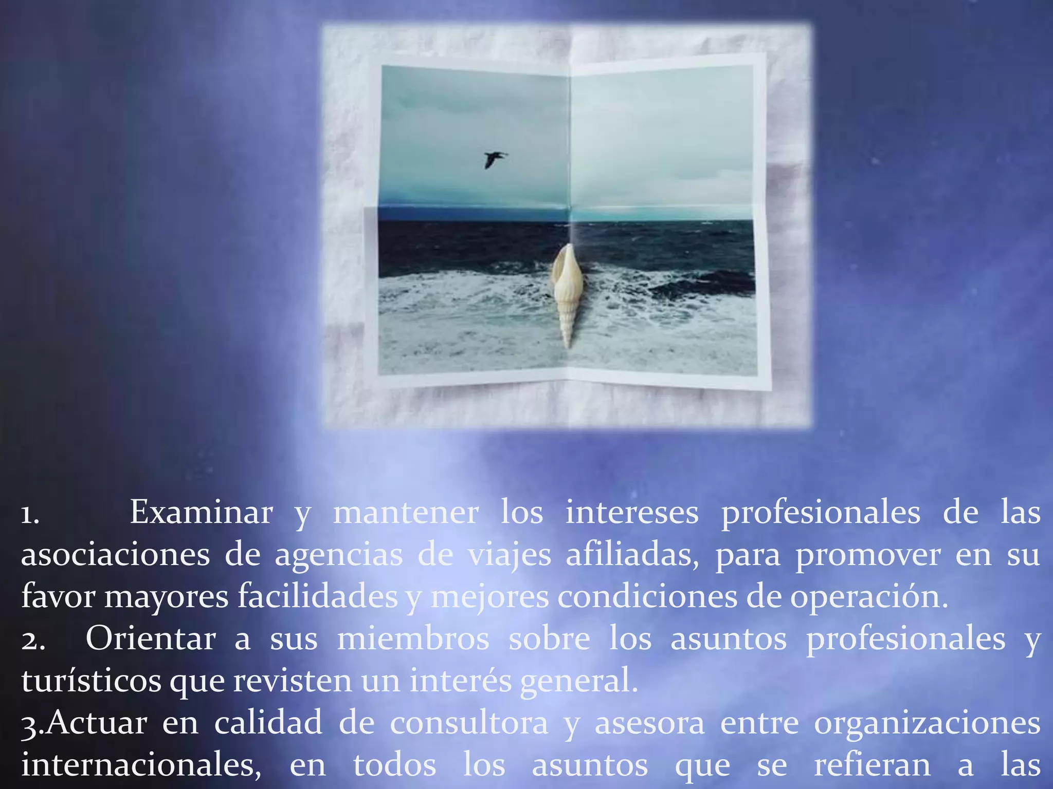 1.      Examinar y mantener los intereses profesionales de las
asociaciones de agencias de viajes afiliadas, para promover en su
favor mayores facilidades y mejores condiciones de operación.
2. Orientar a sus miembros sobre los asuntos profesionales y
turísticos que revisten un interés general.
3.Actuar en calidad de consultora y asesora entre organizaciones
internacionales, en todos los asuntos que se refieran a las
 