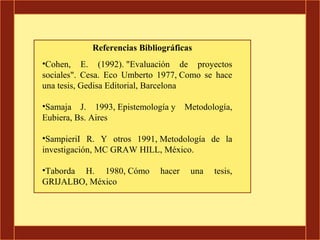 Referencias Bibliográficas
•Cohen, E. (1992). "Evaluación de proyectos
sociales". Cesa. Eco Umberto 1977, Como se hace
una tesis, Gedisa Editorial, Barcelona

•Samaja J. 1993, Epistemología y     Metodología,
Eubiera, Bs. Aires

•SampieriI R. Y otros 1991, Metodología de la
investigación, MC GRAW HILL, México.

•Taborda H. 1980, Cómo       hacer    una   tesis,
GRIJALBO, México
 