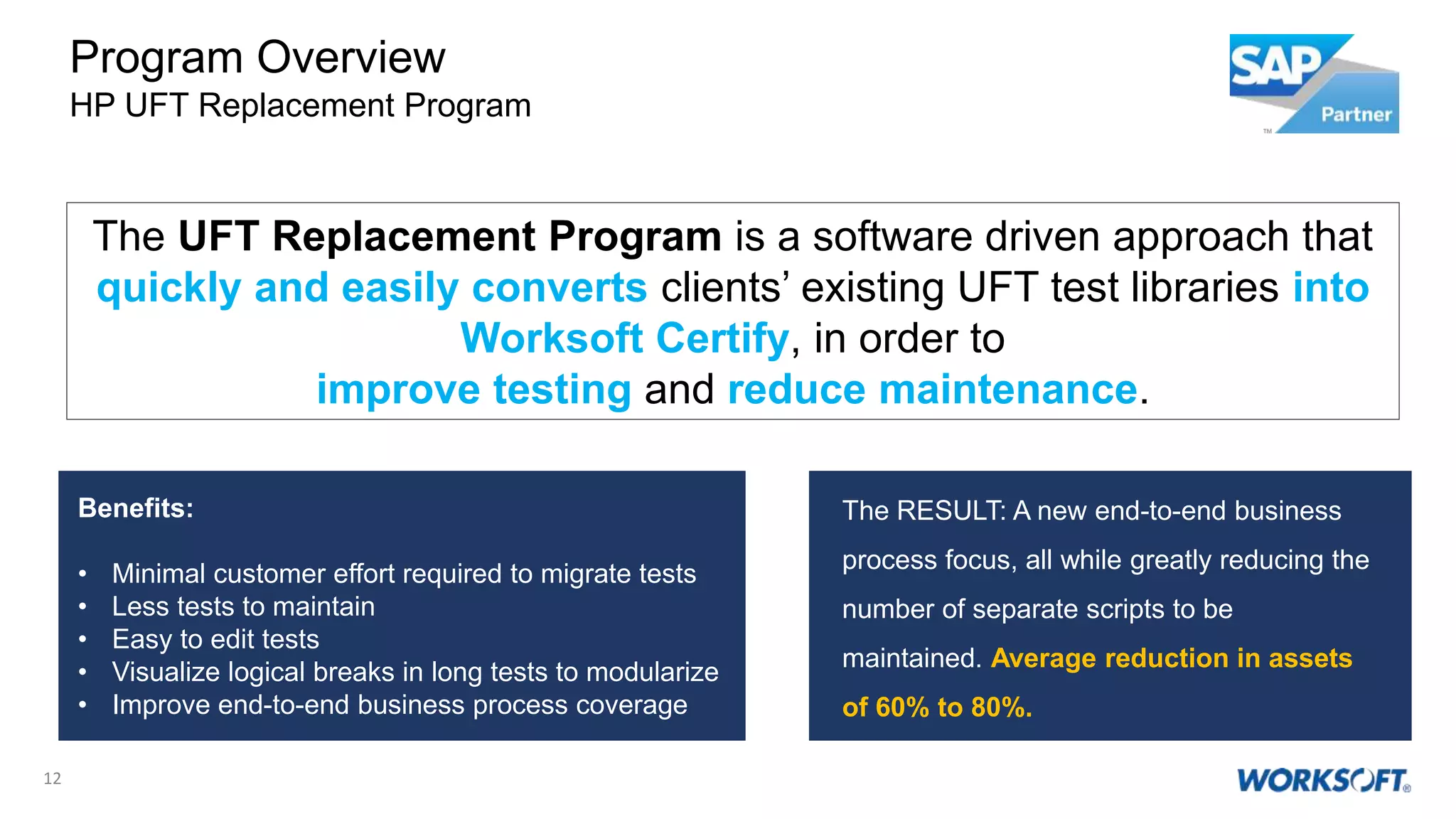 12
Benefits:
• Minimal customer effort required to migrate tests
• Less tests to maintain
• Easy to edit tests
• Visualize logical breaks in long tests to modularize
• Improve end-to-end business process coverage
The RESULT: A new end-to-end business
process focus, all while greatly reducing the
number of separate scripts to be
maintained. Average reduction in assets
of 60% to 80%.
Program Overview
HP UFT Replacement Program
The UFT Replacement Program is a software driven approach that
quickly and easily converts clients’ existing UFT test libraries into
Worksoft Certify, in order to
improve testing and reduce maintenance.
 